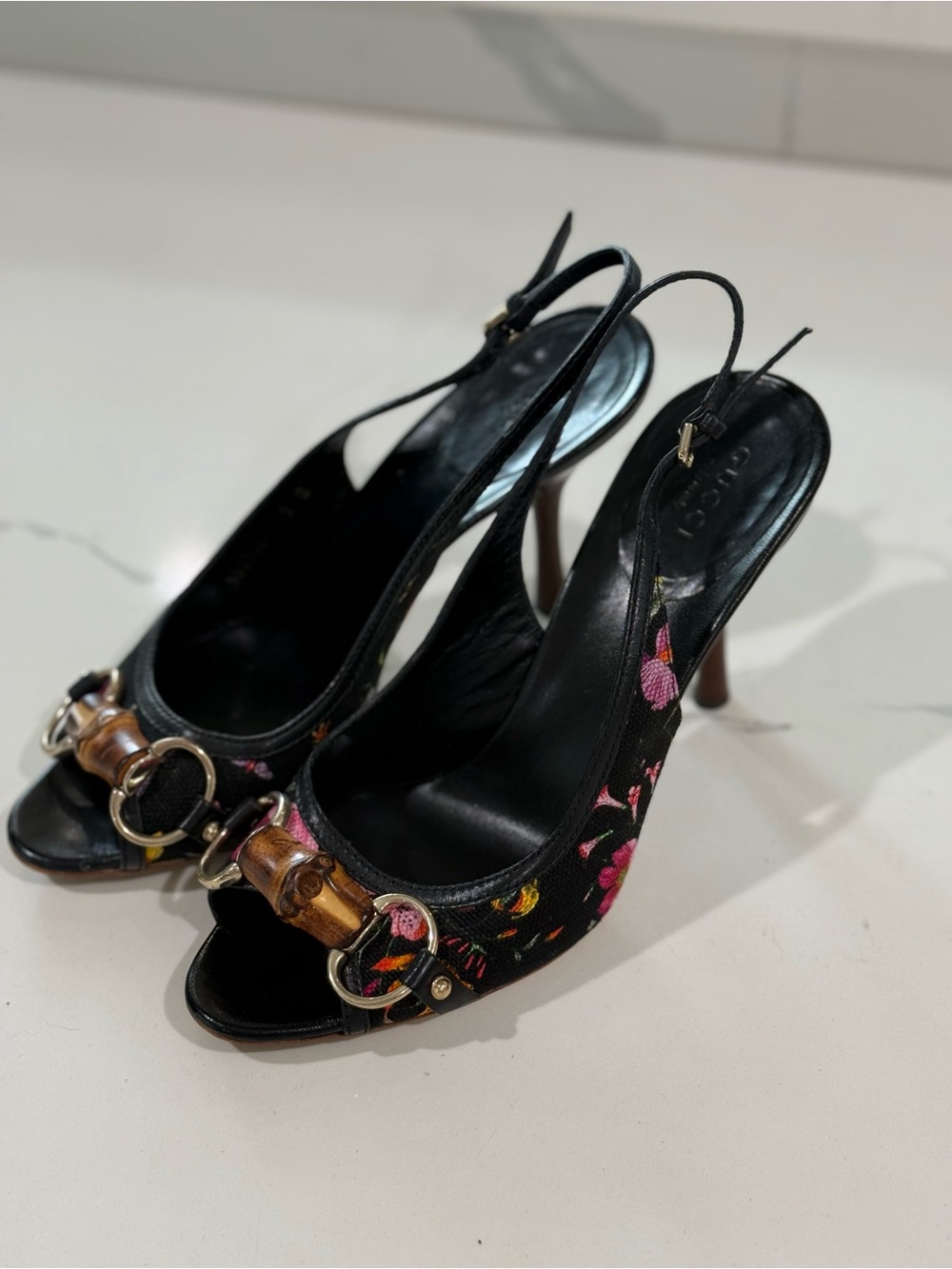 Gucci Black Heels with Pink Floral Embroidery and Bamboo Accent